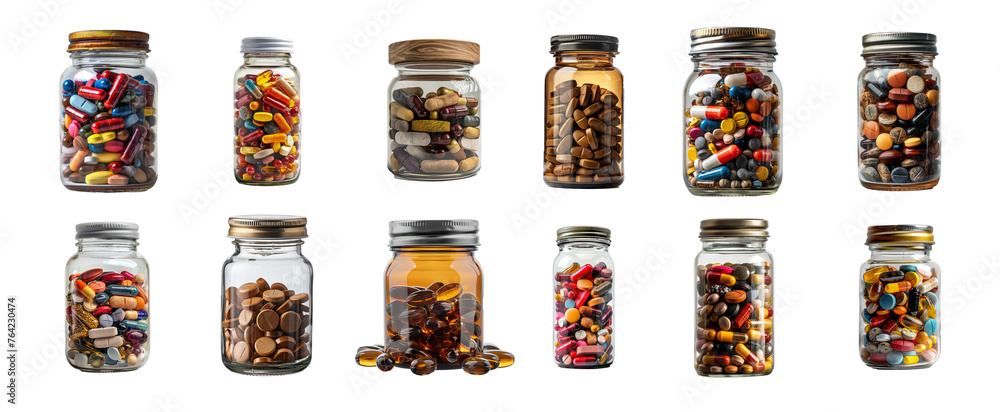 Assorted medication pills in glass jars, cut out transparent Assorted medication pills in glass jars, cut out transparent
