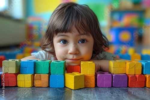 Toddler behind a wall of toy blocks