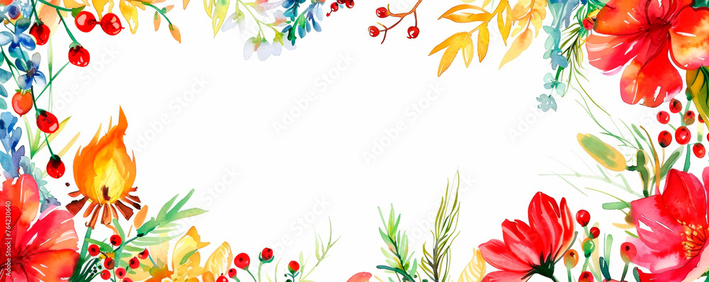A vibrant watercolor painting showcasing colorful flowers and ripe berries in a garden setting. Tropical border frame. Background for cosmetics. Healthy lifestyle. Banner. Copy space