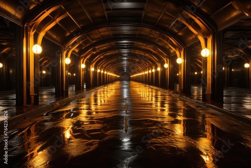 Dark tunnel with yellow lights hallway Generative AI