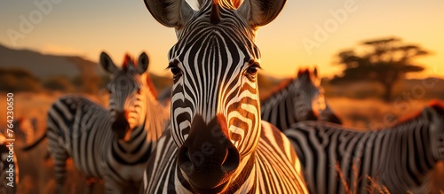 Zebra herd on safari in the grassland at sunset © MBRAMO