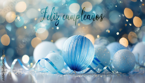 Ilustración de una tarjeta para desear un feliz cumpleaños representada por bolas y cintas azules sobre un fondo con círculos de varios colores en efecto bokeh photo