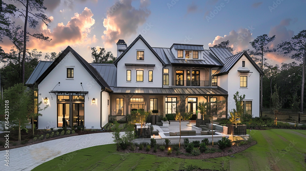 The modern farmhouse luxury home exterior comes alive at twilight, offering a glimpse of refined living amidst nature's beauty. --ar 16:9 --v 6.0 - Image #2 @Zubi The modern farmhouse luxury home exterior comes alive at twilight, offering a glimpse of refined living amidst nature's beauty. --ar 16:9 --v 6.0 - Image #2 @Zubi