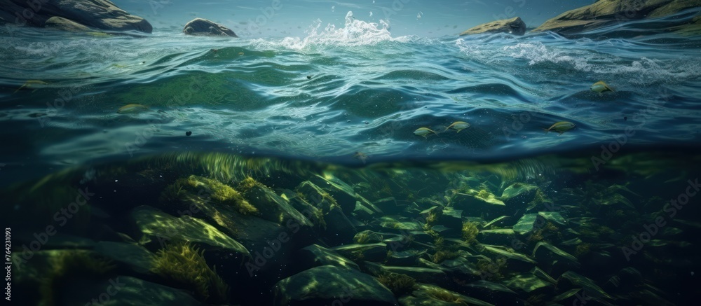 Waves of seaweed lazily appeared in the blue ocean water currents