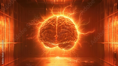 A glowing human brain surrounded by electrical discharges inside a futuristic chamber