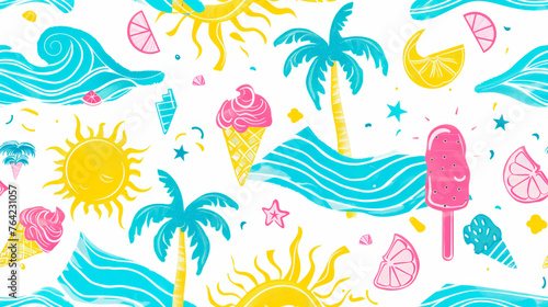 Ice cream, sun, and palm trees in a cohesive pattern, creating a summery and tropical vibe. Trefoil holiday summer. Gift wrapping. Seamless pattern
