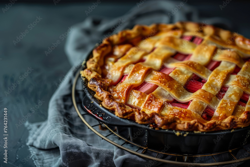 Freshly baked rhubarb pie with a golden crust. Generative AI Freshly baked rhubarb pie with a golden crust. Generative AI