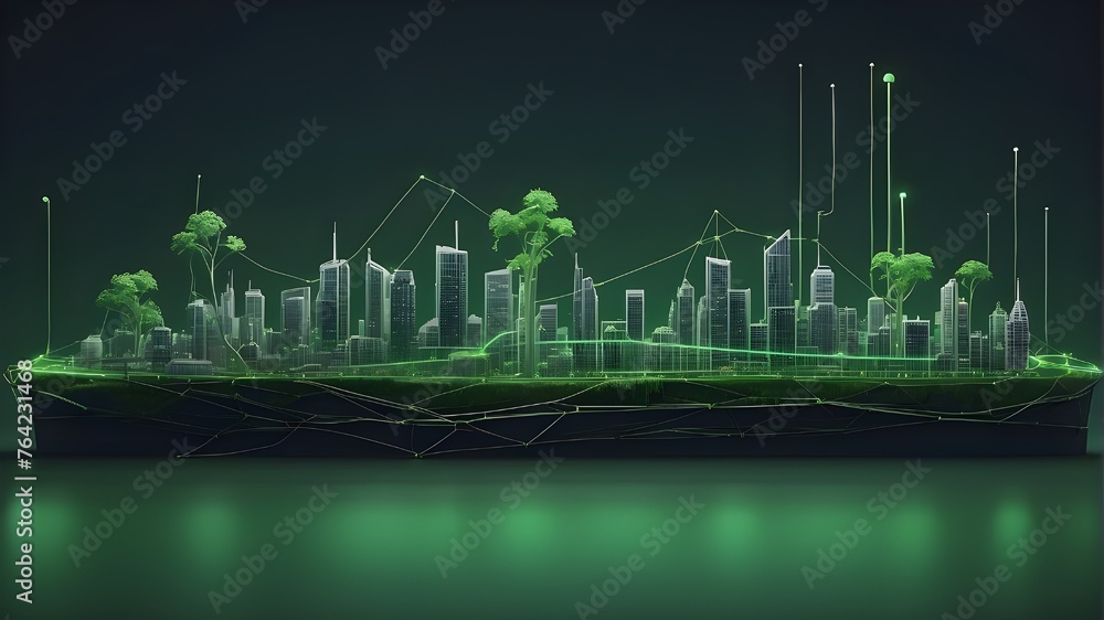  wireframe against a green backdrop. Urban greening. Urban silhouettes with landscape technology. Plexus points and lines