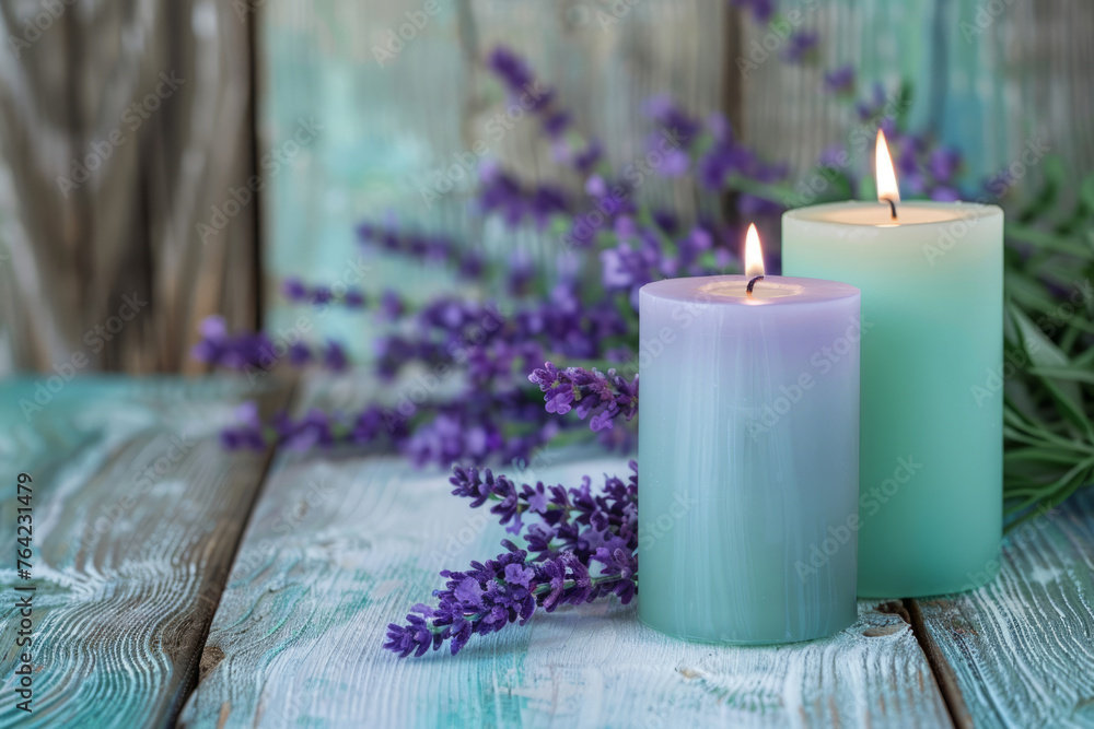 Violet and mint green candles with lavender flowers on background. Generative AI - obrazy, fototapety, plakaty 