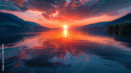 Majestic sunset over a tranquil lake surrounded by mountains