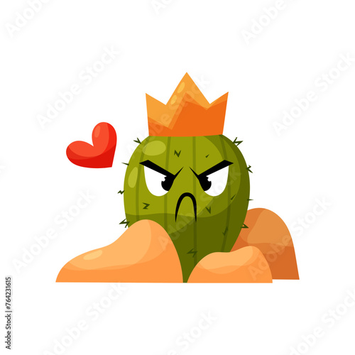 Cactus in flat style. The character of an offended cactus wearing a crown with a heart. Prickly plant.