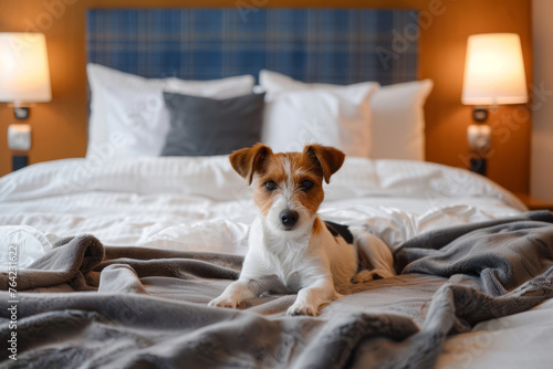 Cute dog lies in bed at pet friendly hotel. Dog relaxes in room on vacation. Generative AI © barmaleeva