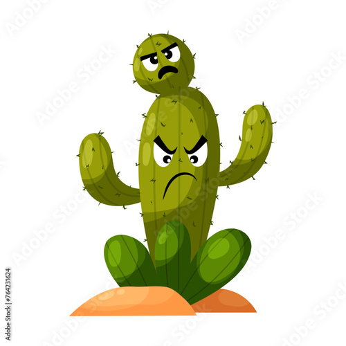 Funny dissatisfied cactus characters. Prickly plant. Desert. Cactus in flat style.