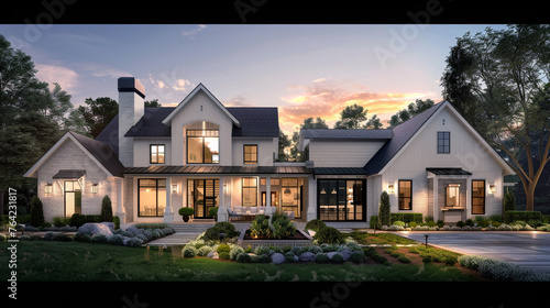Twilight casts a mesmerizing glow on the modern farmhouse luxury home exterior, accentuating its beauty and charm. --ar 16:9 --v 6.0 - Image  3 @Zubi © Nasreen