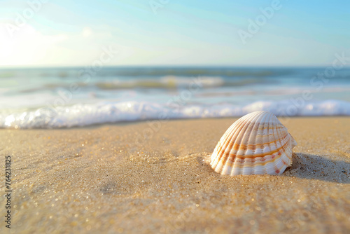 Seashell on a sandy beach. Generative AI