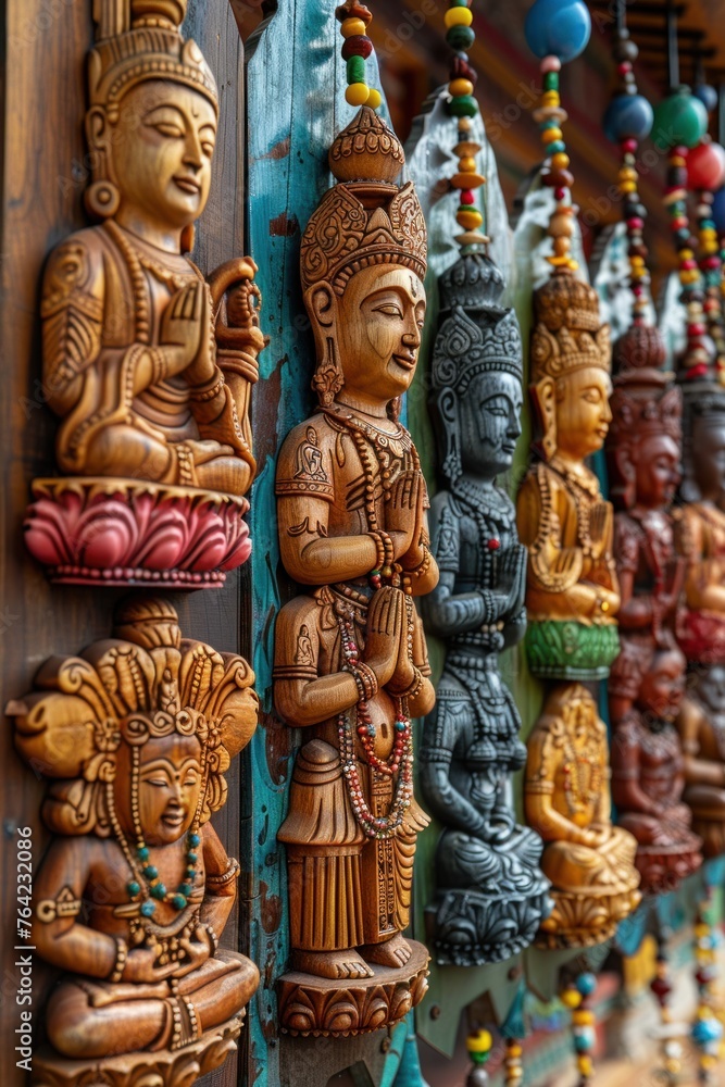 Fototapeta premium Wooden Buddha figurines lined up in a row on a wall