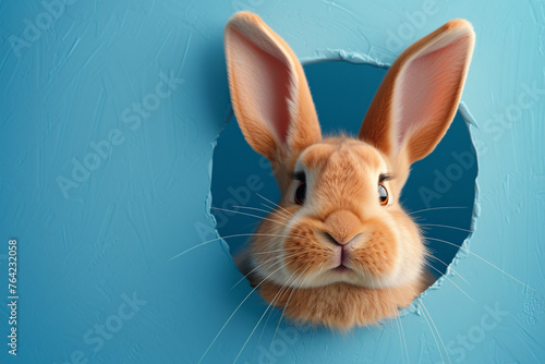 Lovely bunny rabbit pet peeping out from the hole on blue background, Easter holidays concept