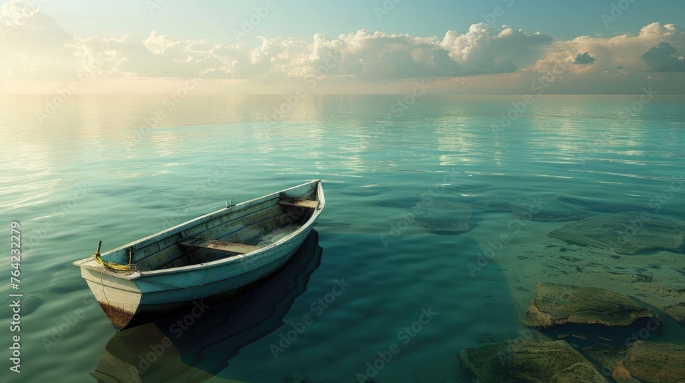 Lonely little boat on the sea. Generative AI