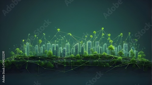The city is covered with a neon ribbon with a sprout on top. Isolated low-poly wireframe against a green backdrop. Urban greening. Urban silhouettes with landscape technology. Plexus points and lines