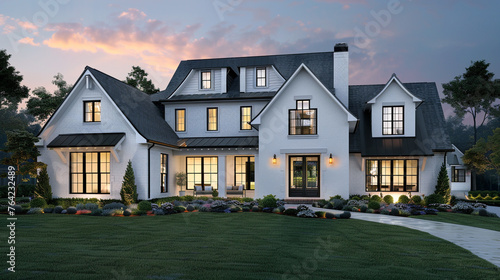 Twilight transforms the modern farmhouse luxury home exterior into a vision of elegance and serenity, a perfect retreat at day's end. --ar 16:9 --v 6.0 - Image #1 @Zubi