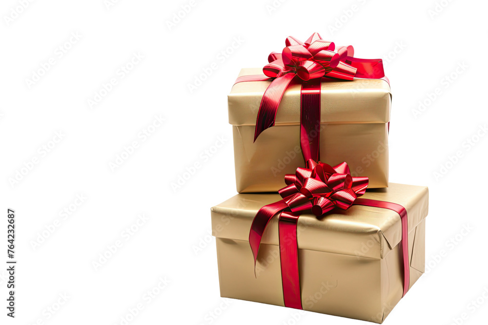 Obraz premium Gold gift boxes with red ribbon isolated on transparent