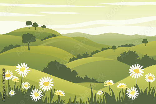 Beautiful landscape vector illustration of summer fields and green meadows, chamomile flowers, grass, bushes and trees on a background of hills. Cartoon style.