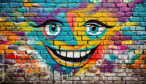 Colorful graffiti on the brick wall as face 