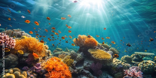 An underwater coral reef scene, diverse marine life, vivid colors, showcasing the beauty and diversity of ocean life. Underwater photography, coral reef ecosystem, diverse marine life,. Resplendent.