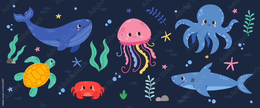 Obraz premium Cartoon sea life set. Sea animals. Cute vector animals, underwater world, isolated
