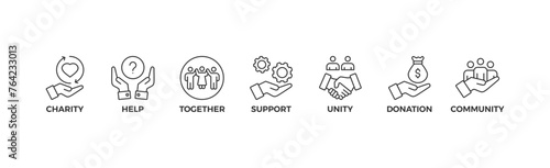 Volunteering banner web icon vector illustration concept for volunteer aid assistant with icon of charity, help, together, support, unity, donation, and community