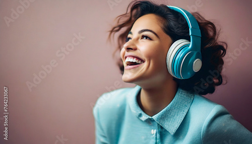 Portrait of a joyful woman wearing blue headphones, immersed in music, generate AI
