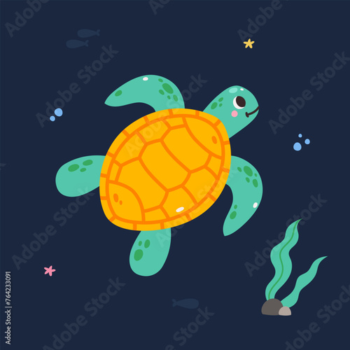Fototapeta Naklejka Na Ścianę i Meble -  Cute cartoon turtle, vector illustration on the background of the underwater world