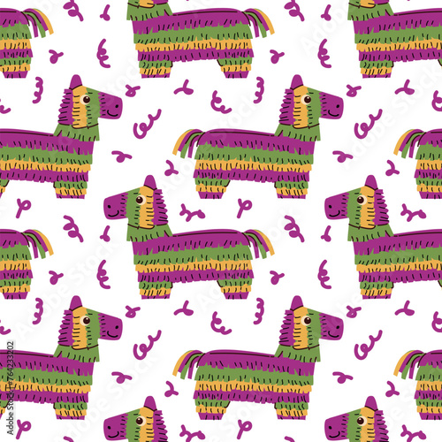 hand drawn Mexican horse Pinata seamless pattern. Vector illustration.