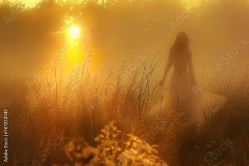 Geheimnisvolle Frau im langen weißen Kleid in goldener Morgensonne, atmosphärisch