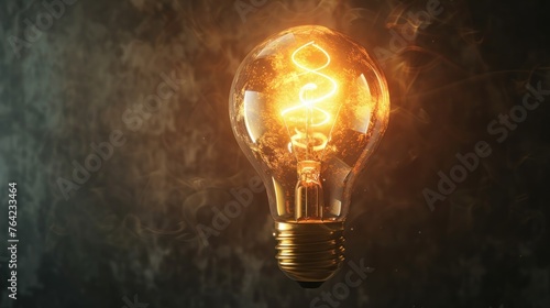 3D Rendering smart glowing light bulb with smoke on dark background. AI generated image