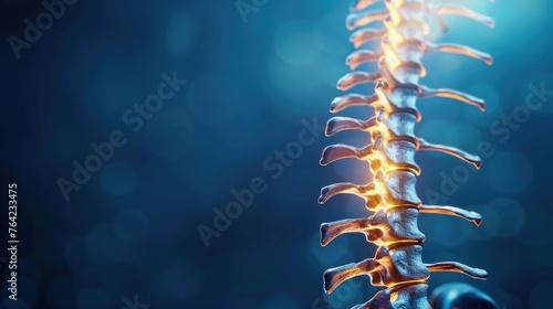 Spine bone structure human anatomy with light on dark blue background. AI generated image photo