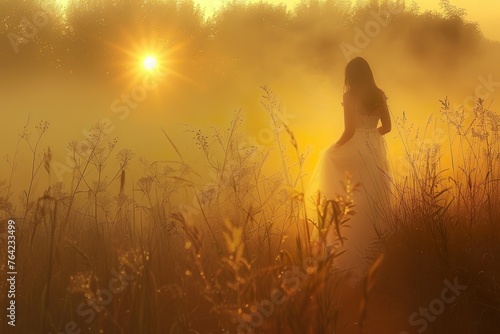 Geheimnisvolle Frau im langen weißen Kleid in goldener Morgensonne, atmosphärisch