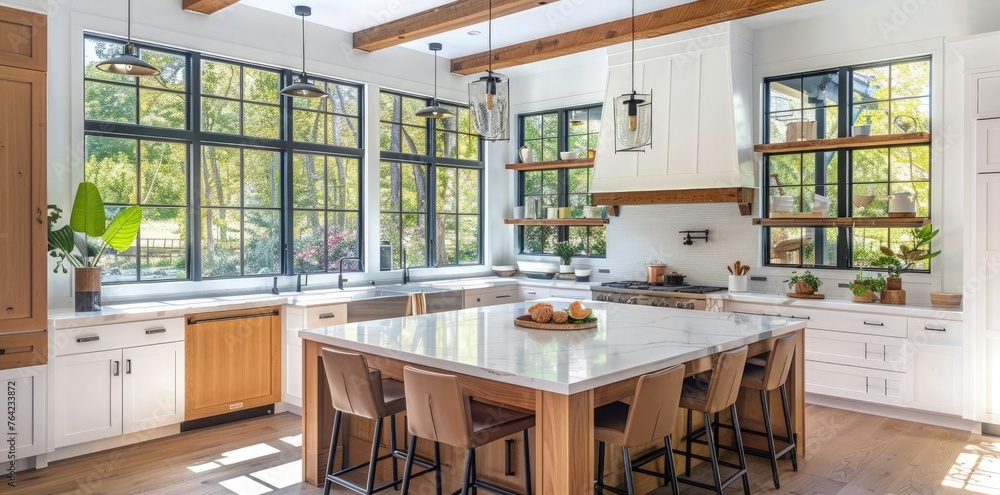 Luxury modern farmhouse kitchen interior with large island, white cabinets and wooden beams in a sunny windowed room. minimalist kitchen with copy space Luxury modern farmhouse kitchen interior with large island, white cabinets and wooden beams in a sunny windowed room. minimalist kitchen with copy space