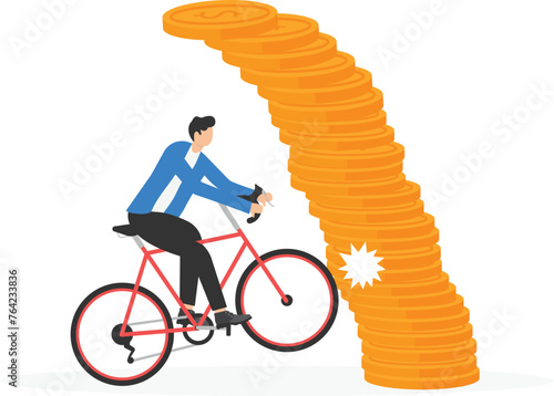 A businessman driving and colliding with a pile of coins

