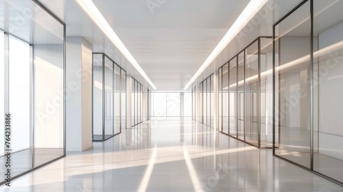 3D Rendering empty bright long passageway in office building isolated white color. AI generated