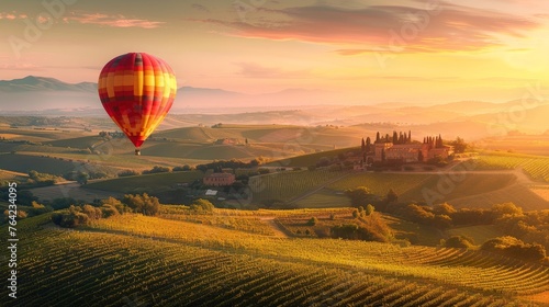 Hot Air Balloon Flying Over Lush Green Field