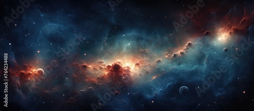 A celestial scene showing a nebula filled with stars against a backdrop of a blue nebula in the sky