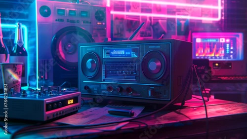 Radio with neon lighting in the studio room, for background music. seamless looping 4k time-lapse video background