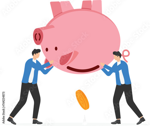 Team pour out a gold coin from the piggy bank. Business vector illustration concept

