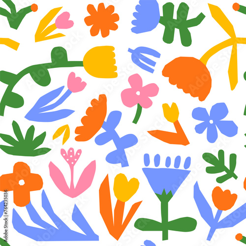 Colorful flower seamless pattern illustration. Children style floral doodle background  funny basic nature shapes wallpaper.