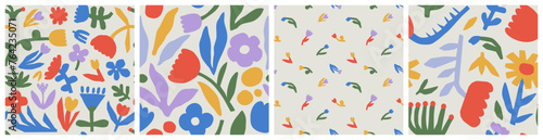 Colorful abstract flower seamless pattern illustration set. Children style floral doodle background collection, funny basic nature shapes wallpaper. Spring nature art print, vintage flowers texture.