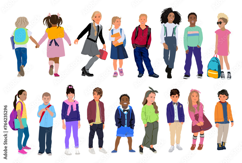 Set of kids, boys and girls vector illustration isolated. Happy elementary, middle school pupils. Collection of children different races and nationality standing and walking, front, back, side view.