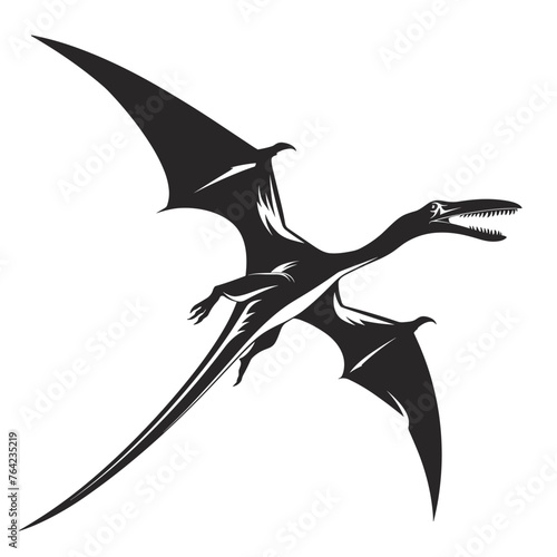 black and white silhouette of a flying pterodactyl on a white background