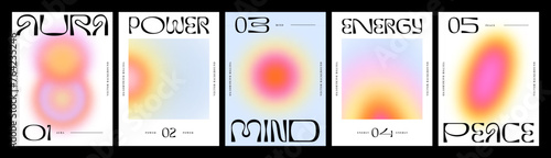 Modern soft blur gradient poster set. Abstract new age style banner collection with minimalist pastel color blurred shape and positive text quote. Aura, Mind, Peace typography design.