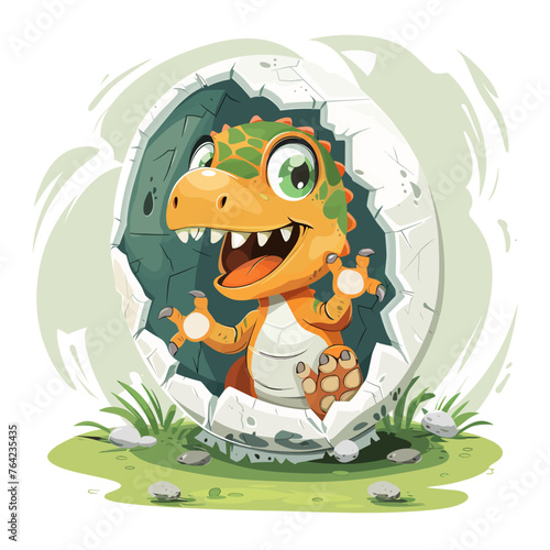 Cute cartoon dinosaur peeping out of the egg. Vector illustration.